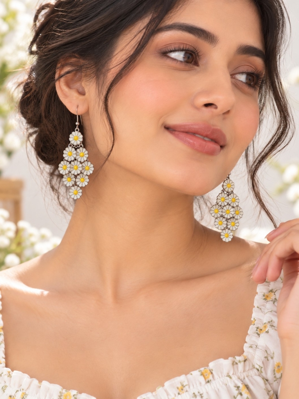 Floral Dangle Earrings in Yellow & White Like New
